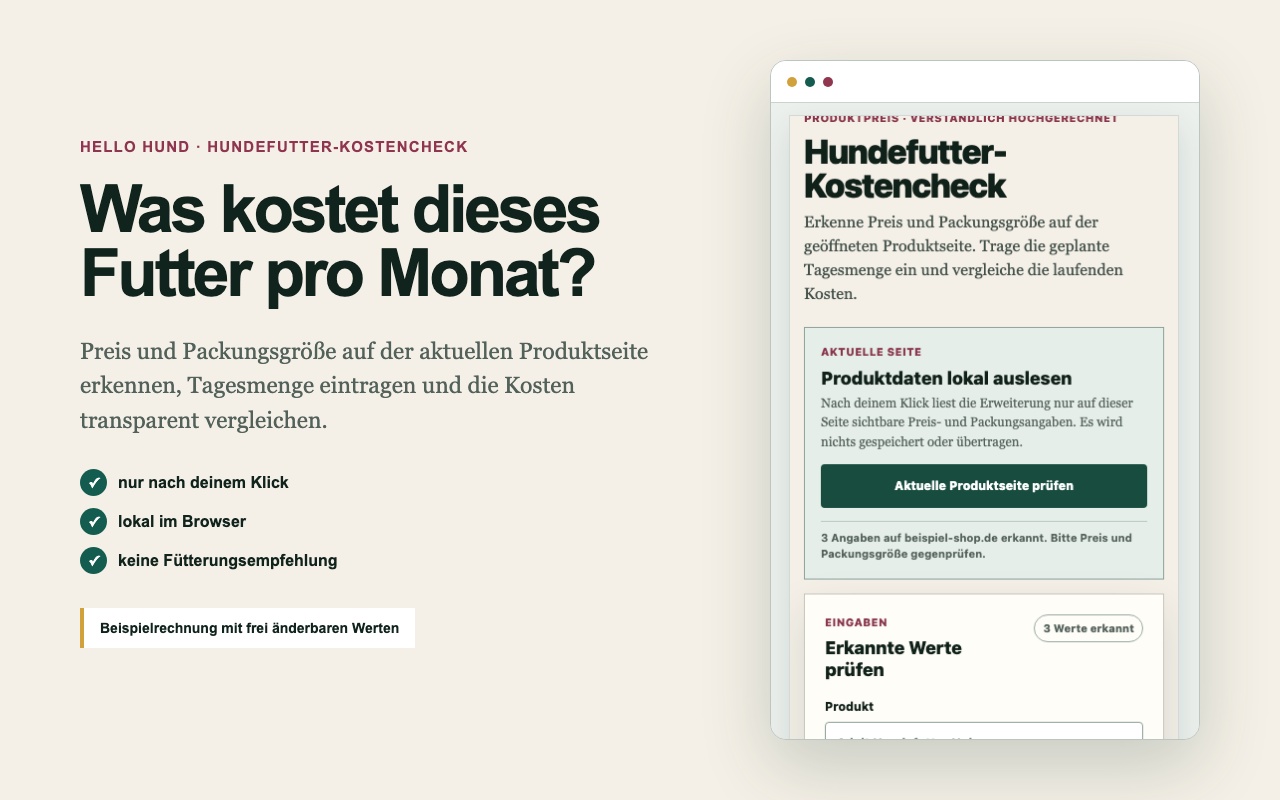 Hundefutter-Kostencheck mit erkannter Produktseite und berechneten Monatskosten