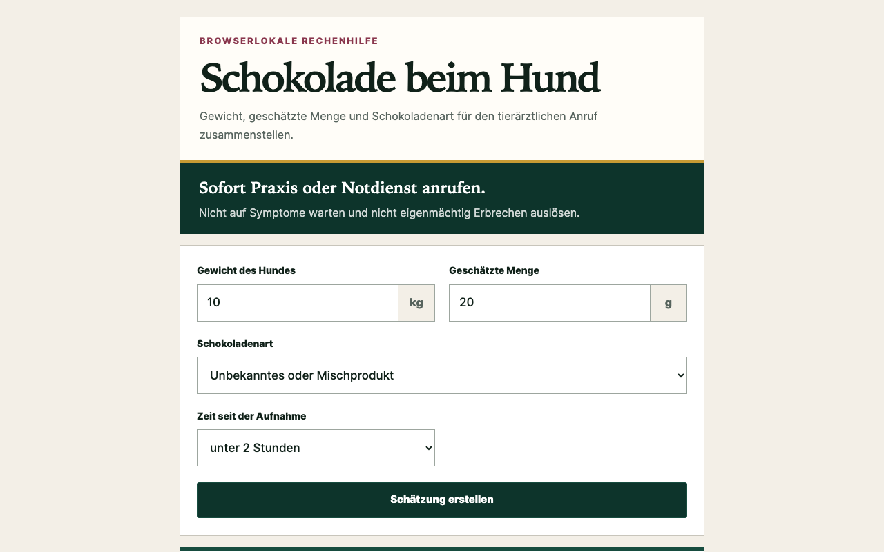 Kompakte Schokolade-Rechenhilfe mit Sicherheitshinweis, Eingabefeldern und Schätzbutton